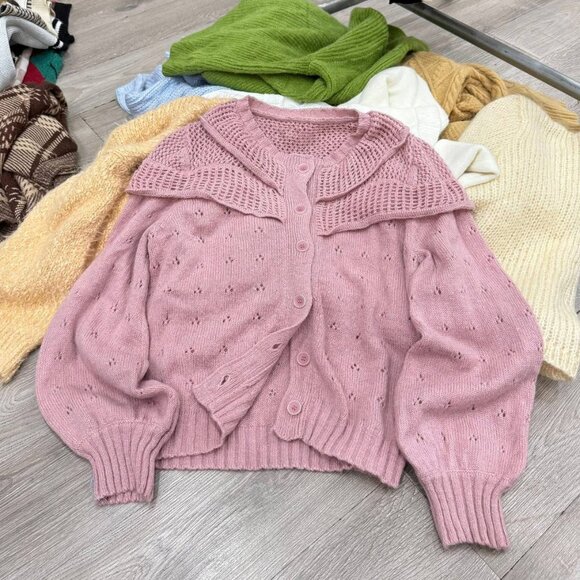Sweaters - Pink Knit Button Up Cardigan With Ruffle Collar